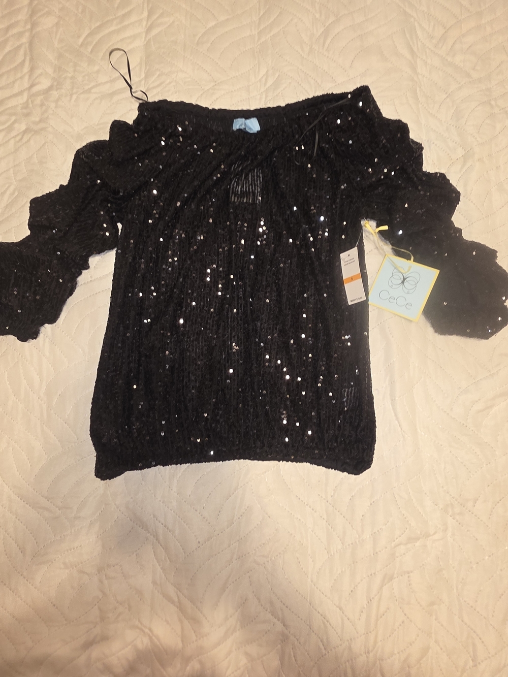 CeCe Sequin Cold Shoulder Blouse Sequin Off-Shoulder Blouse in Black Size Small